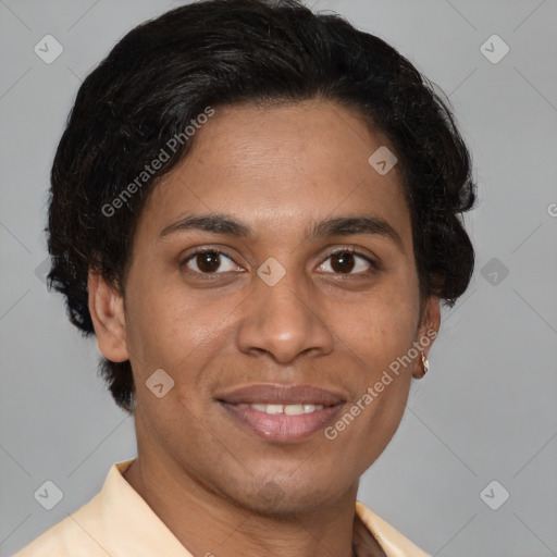 Joyful latino young-adult female with short  brown hair and brown eyes