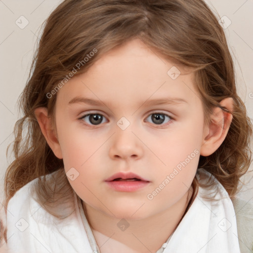 Neutral white child female with medium  brown hair and grey eyes