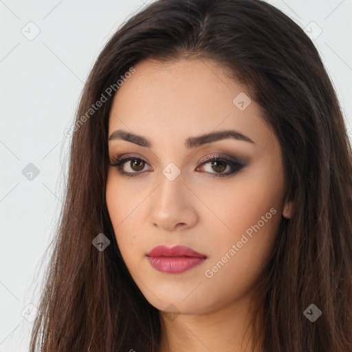 Neutral white young-adult female with long  brown hair and brown eyes