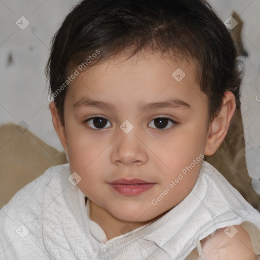 Joyful white child female with short  brown hair and brown eyes