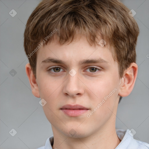 Neutral white young-adult male with short  brown hair and grey eyes