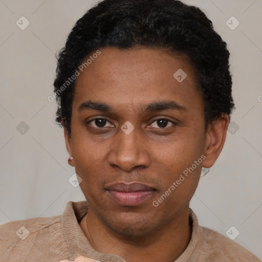 Neutral black adult male with short  black hair and brown eyes