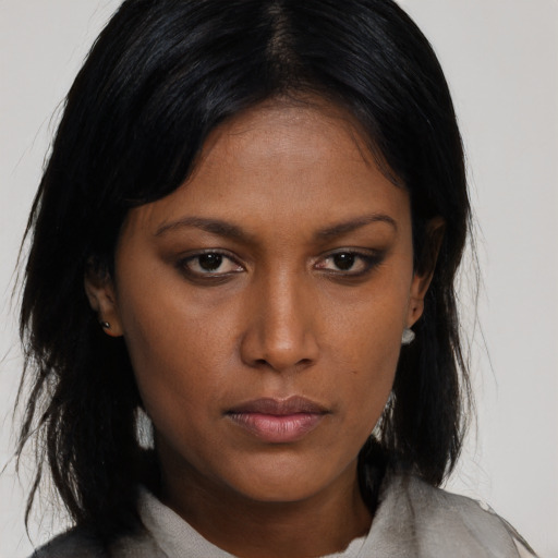 Neutral asian young-adult female with long  brown hair and brown eyes
