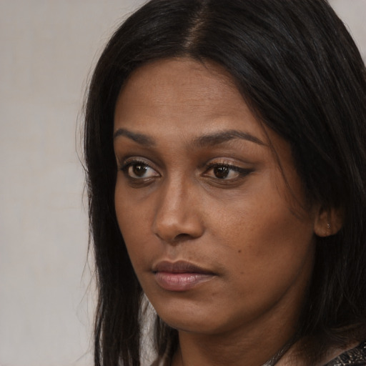 Neutral black young-adult female with long  brown hair and brown eyes