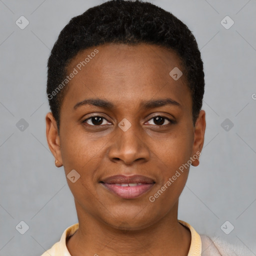 Joyful black young-adult female with short  brown hair and brown eyes