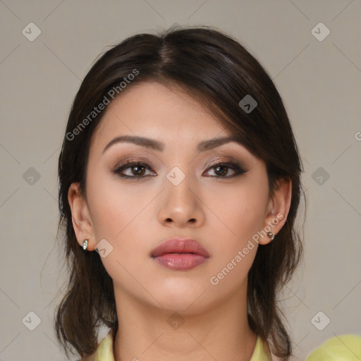 Neutral asian young-adult female with medium  brown hair and brown eyes