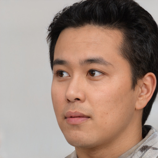 Neutral asian young-adult male with short  black hair and brown eyes