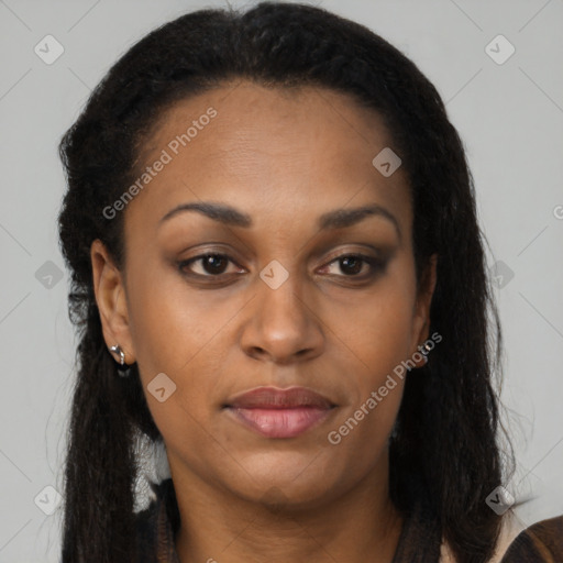 Neutral black young-adult female with long  brown hair and brown eyes