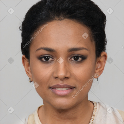 Joyful latino young-adult female with short  brown hair and brown eyes