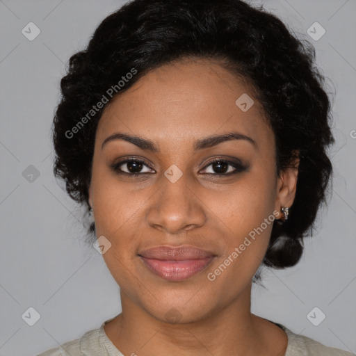 Joyful black young-adult female with medium  black hair and brown eyes