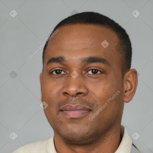 Neutral black young-adult male with short  black hair and brown eyes