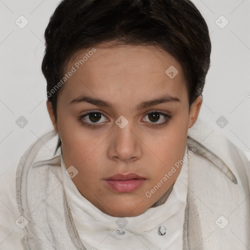 Neutral white young-adult female with short  brown hair and brown eyes