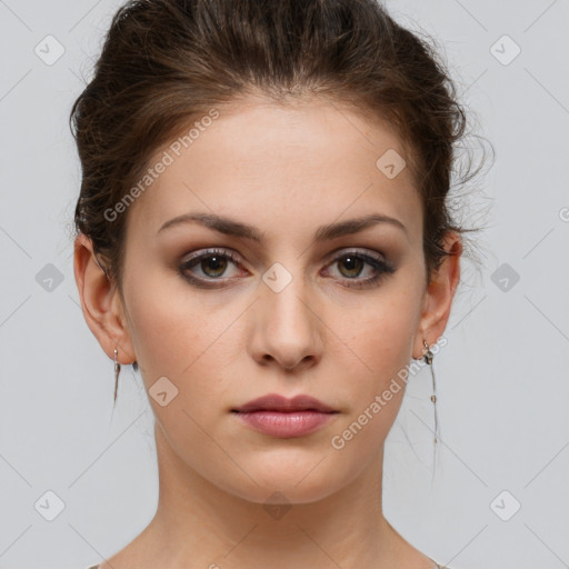 Neutral white young-adult female with medium  brown hair and grey eyes