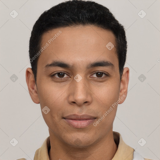 Neutral latino young-adult male with short  brown hair and brown eyes