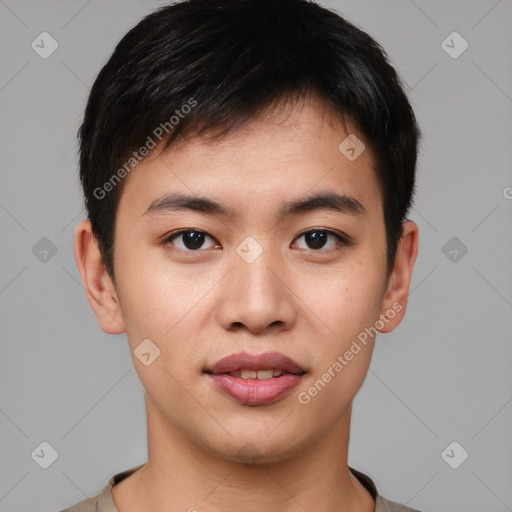 Joyful asian young-adult male with short  black hair and brown eyes