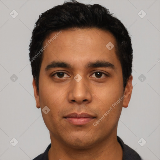 Neutral latino young-adult male with short  black hair and brown eyes