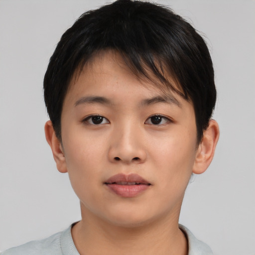 Neutral asian young-adult female with short  brown hair and brown eyes