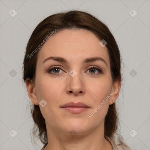 Neutral white young-adult female with medium  brown hair and brown eyes