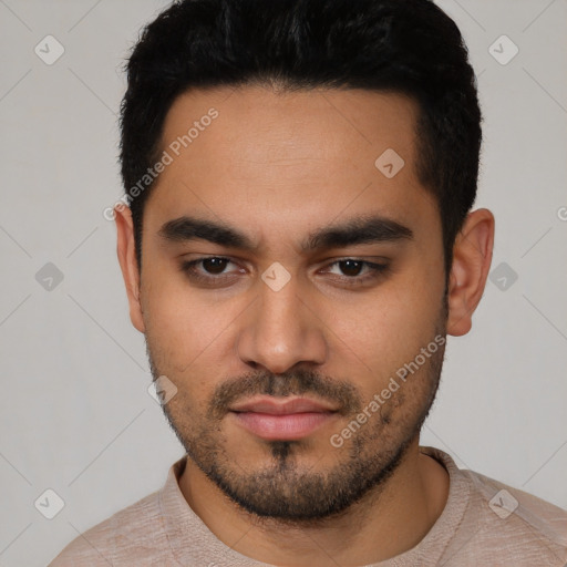 Neutral latino young-adult male with short  black hair and brown eyes