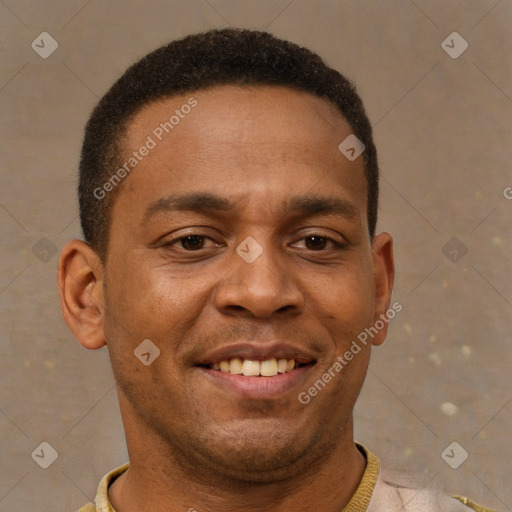 Joyful latino young-adult male with short  brown hair and brown eyes