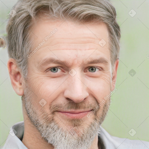 Joyful white adult male with short  brown hair and grey eyes