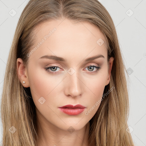 Neutral white young-adult female with long  brown hair and brown eyes