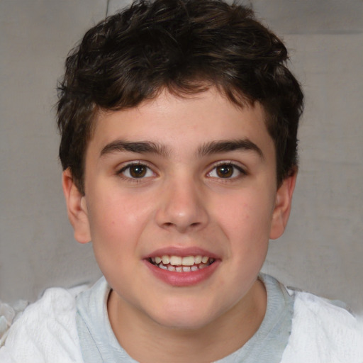 Joyful white child male with short  brown hair and brown eyes