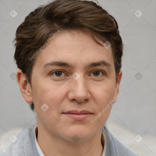 Joyful white adult female with short  brown hair and brown eyes