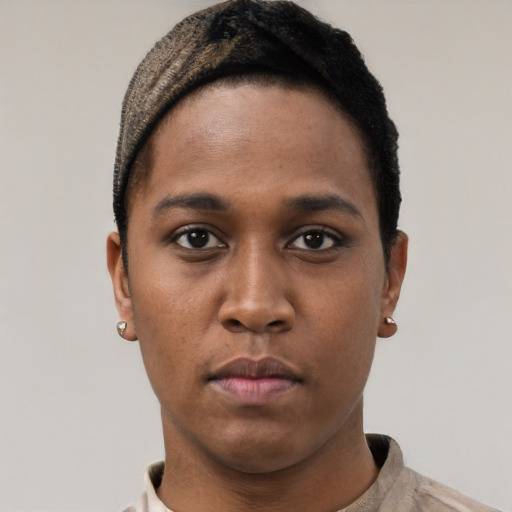 Neutral black young-adult female with short  black hair and brown eyes