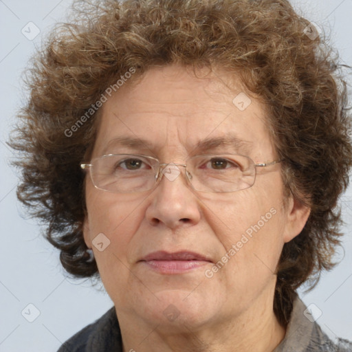 Joyful white middle-aged female with medium  brown hair and brown eyes