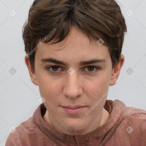 Neutral white young-adult female with short  brown hair and brown eyes