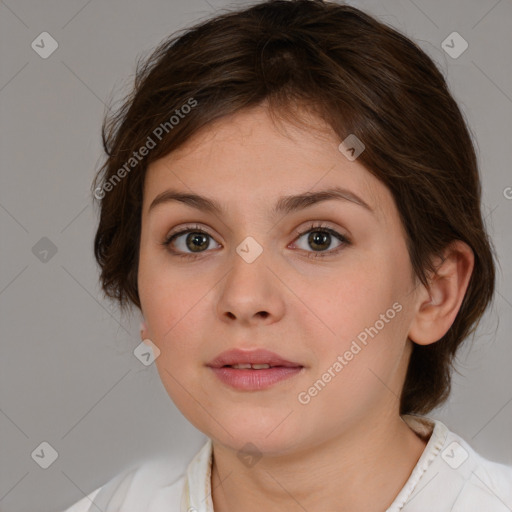 Neutral white young-adult female with medium  brown hair and brown eyes