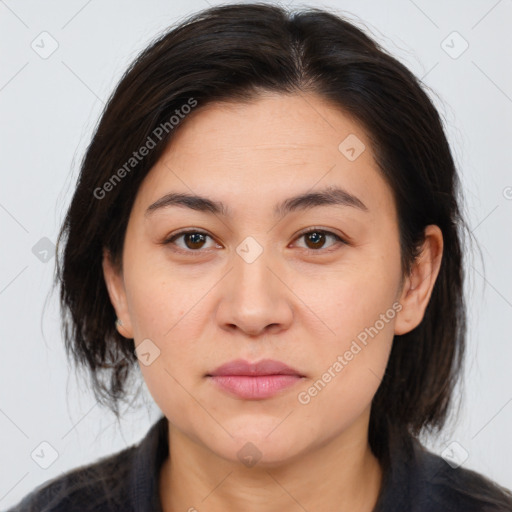 Joyful white young-adult female with medium  brown hair and brown eyes