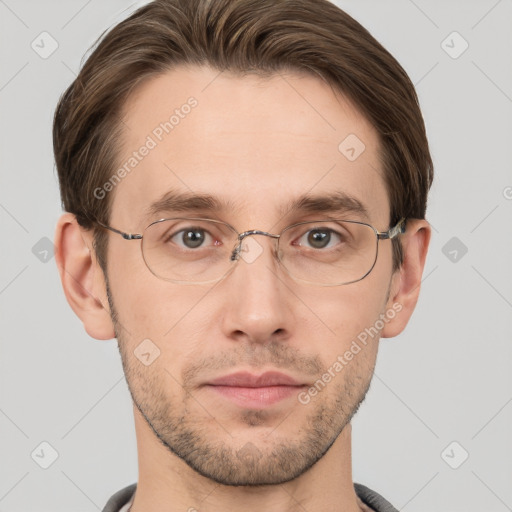 Joyful white adult male with short  brown hair and grey eyes