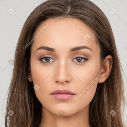 Neutral white young-adult female with long  brown hair and brown eyes