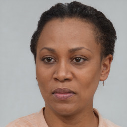 Joyful black adult female with short  brown hair and brown eyes