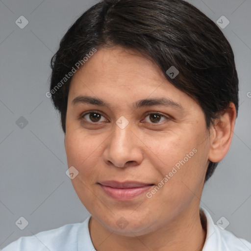 Joyful white adult female with medium  brown hair and brown eyes