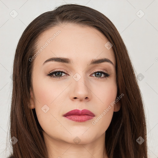 Neutral white young-adult female with long  brown hair and brown eyes