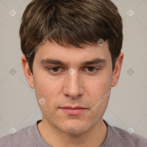 Neutral white young-adult male with short  brown hair and grey eyes