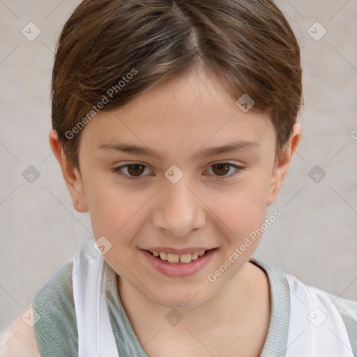 Joyful white child female with short  brown hair and brown eyes