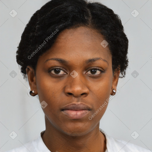 Neutral black young-adult female with short  black hair and brown eyes