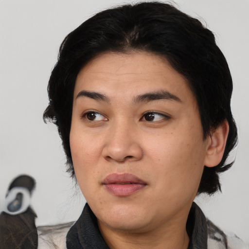 Joyful asian young-adult female with medium  black hair and brown eyes