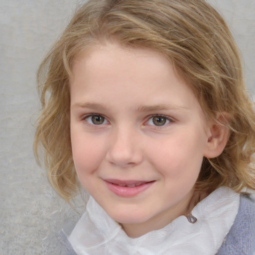 Joyful white child female with medium  brown hair and blue eyes