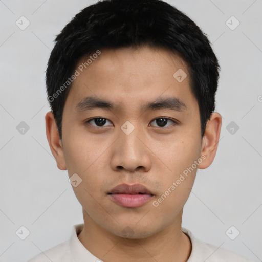 Neutral asian young-adult male with short  black hair and brown eyes