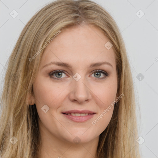 Joyful white young-adult female with long  brown hair and grey eyes