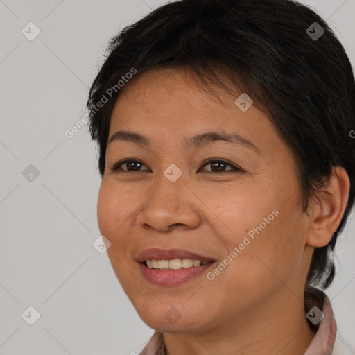 Joyful white young-adult female with medium  brown hair and brown eyes