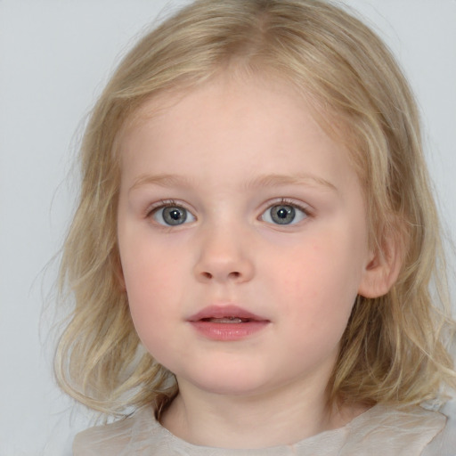 Neutral white child female with medium  brown hair and blue eyes