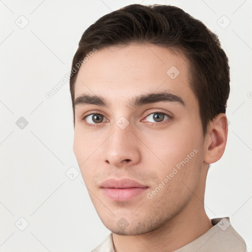 Neutral white young-adult male with short  brown hair and brown eyes