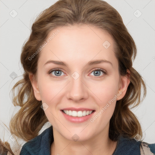 Joyful white young-adult female with medium  brown hair and blue eyes