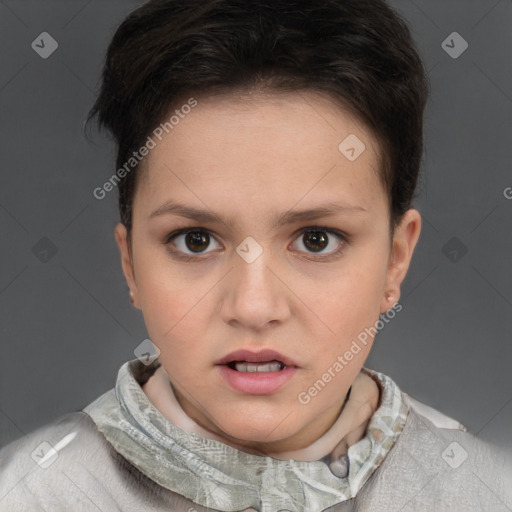 Neutral white young-adult female with short  brown hair and grey eyes